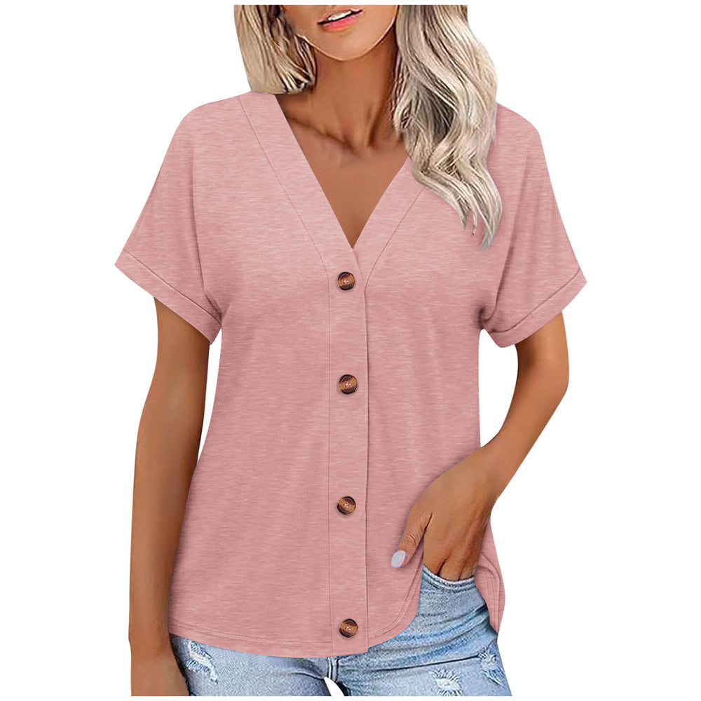 fashion cross-border export spring/summer new solid color button-down loose short-sleeve top t-shirt women's in-stock