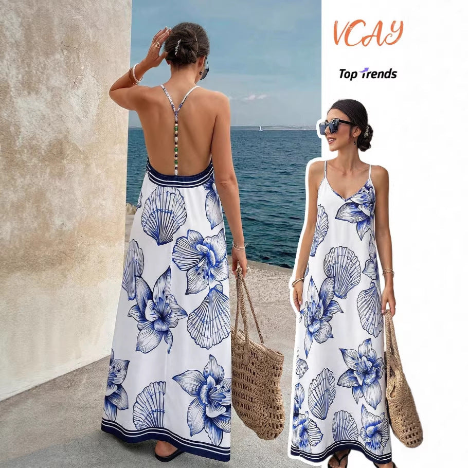 Amazon's new white bottom blue large flower suspender dress with beaded edge design, vest a-line long skirt
