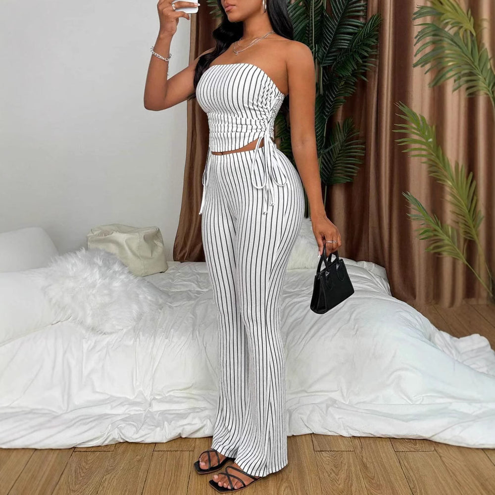 Amazon cross-border summer set: striped sexy cutout tie-up top and pants two-piece outfit