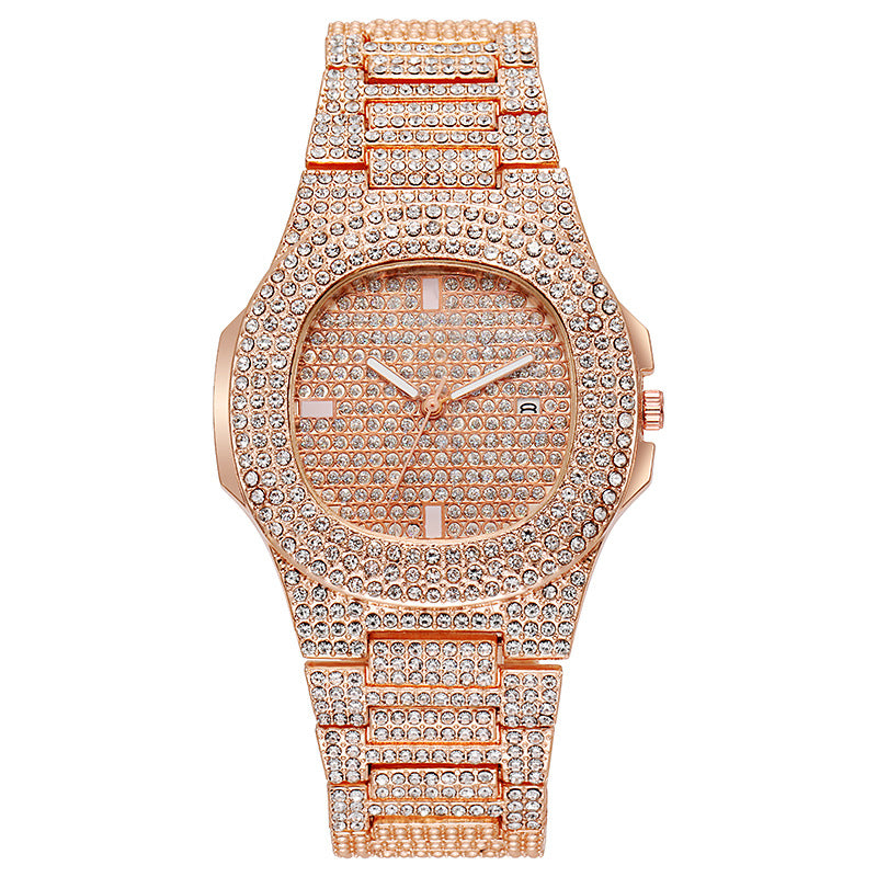 European and american hip-hop style fashion diamond watch for men and women, square large gold watch, trendy steel band quartz watch