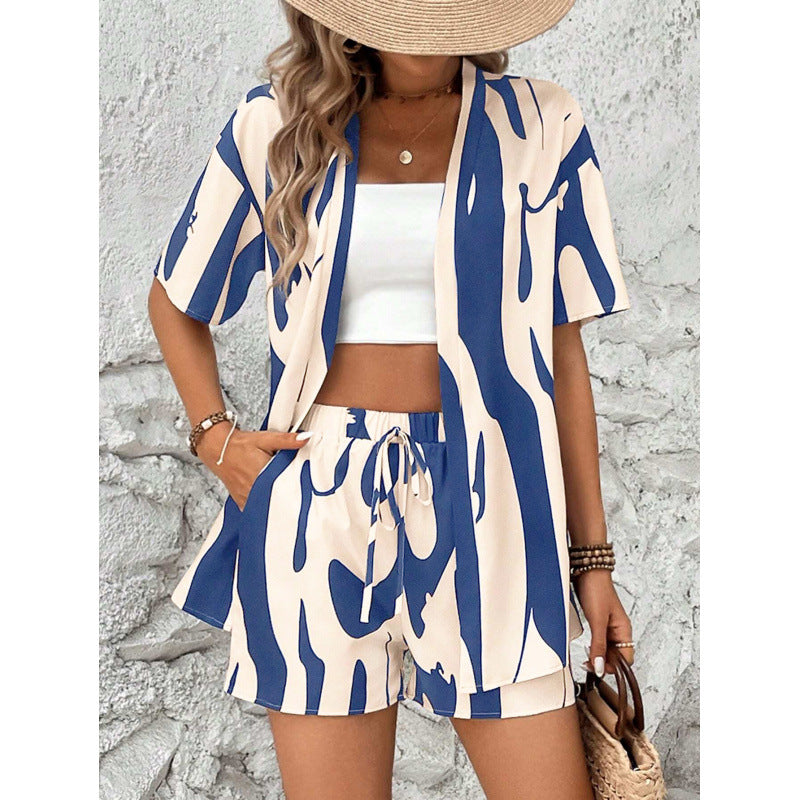 fashion for europe and america:  resort collection - elegant printed two-piece set: shirt & high-waisted shorts (short sleeve)