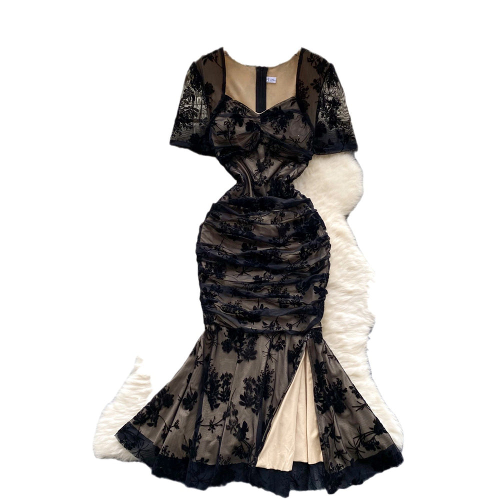 Evening gown women's high-end banquet party dress - slim fit, flocked print, pleated, slit, mermaid maxi dress