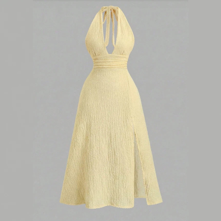 fashion women's deep v neck sleeveless tie back backless silm slit textured retro long skirt