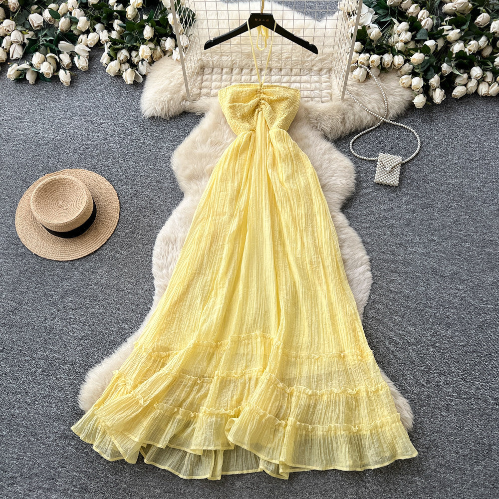 Vacation style haltersense of designdressfemalesummerpinkhigh waista-line long skirtatmosphereelegant skirt