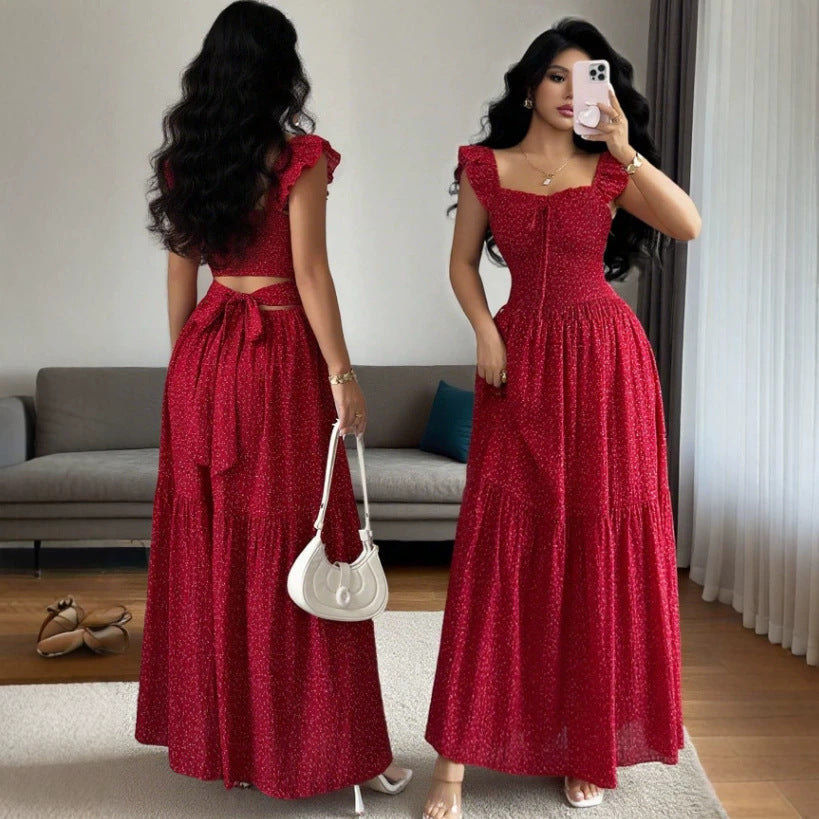 hot selling red polka dot backless dress women's summer new arrival waist slimming beach vacation style long dress