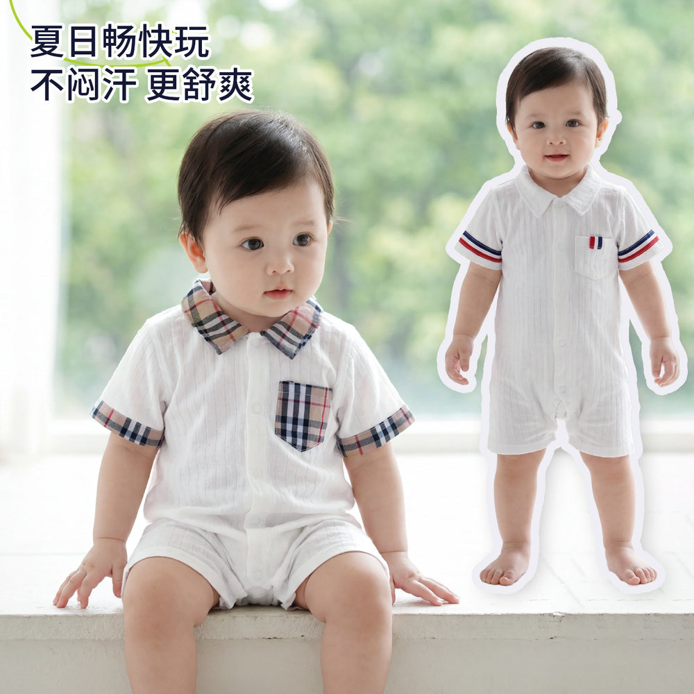 Infant & toddler  new style chic baby plaid smiley face snap-closure short-sleeve turn-down collar romper - summer all-cotton bodysuit