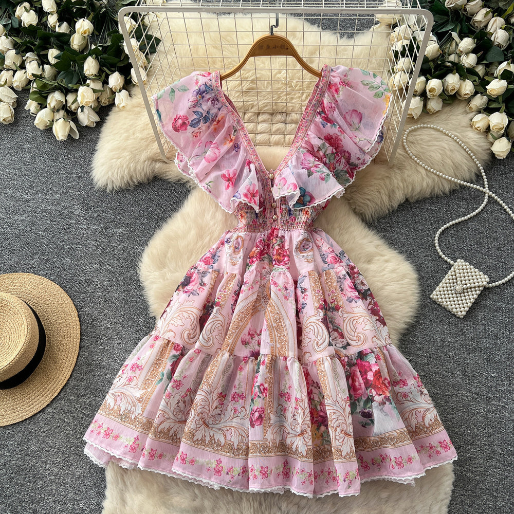 French riviera v-neck ruffle sleeve floral dress - women's summer princess style slimming a-line mini dress