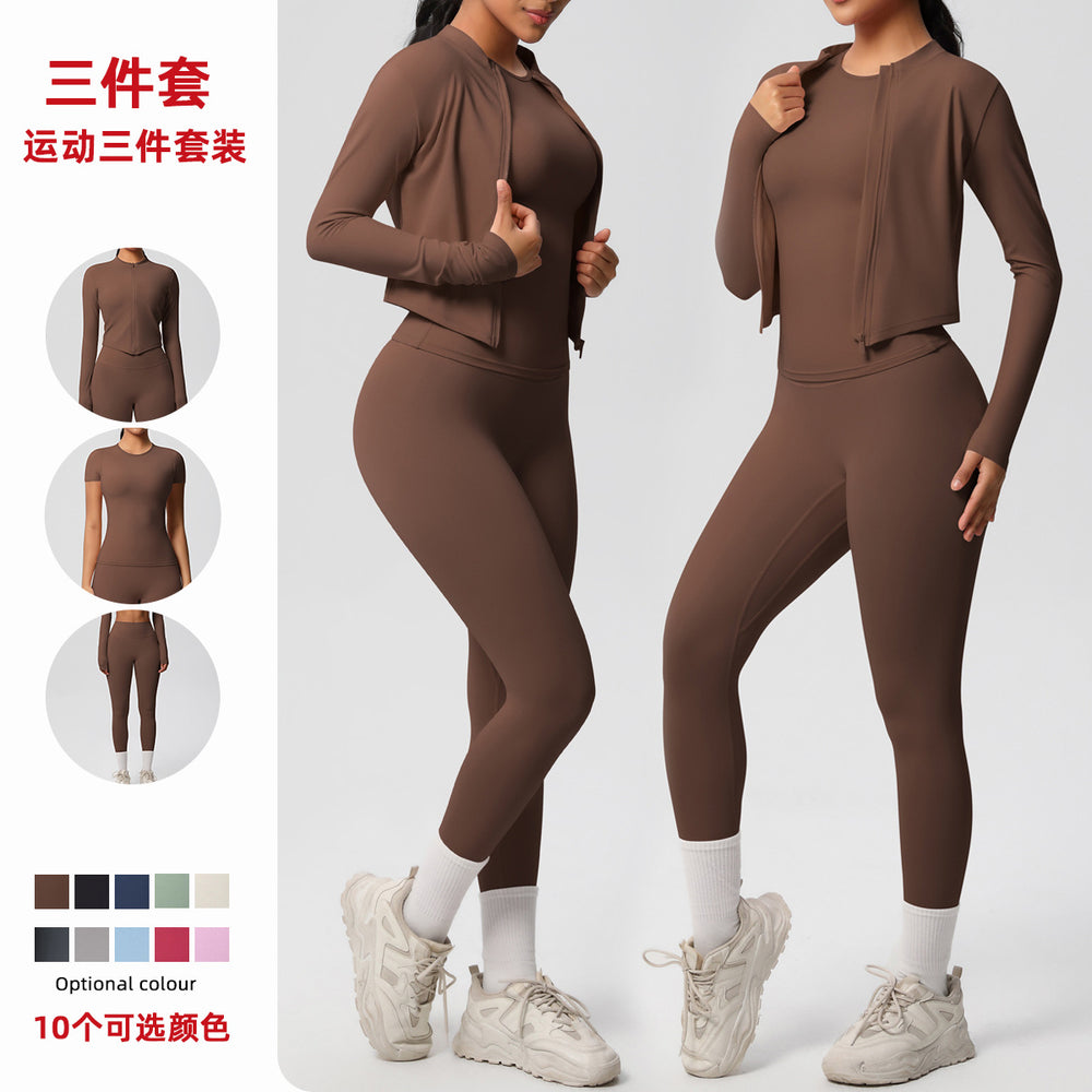 Ready-to-ship cross-border brushed microfiber seamless breathable compression short-sleeve three-piece activewear set for women - perfect for running, fitness, and yoga