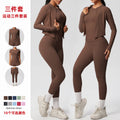 Ready-to-ship cross-border brushed microfiber seamless breathable compression short-sleeve three-piece activewear set for women - perfect for running, fitness, and yoga