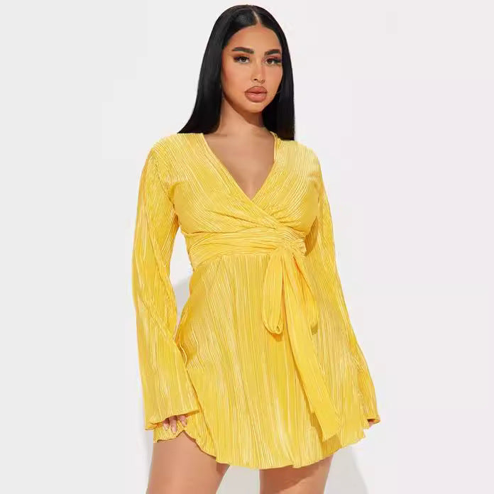 Amazon women's  spring new high-waisted long sleeve solid color backless tie-up pleated asymmetrical dress