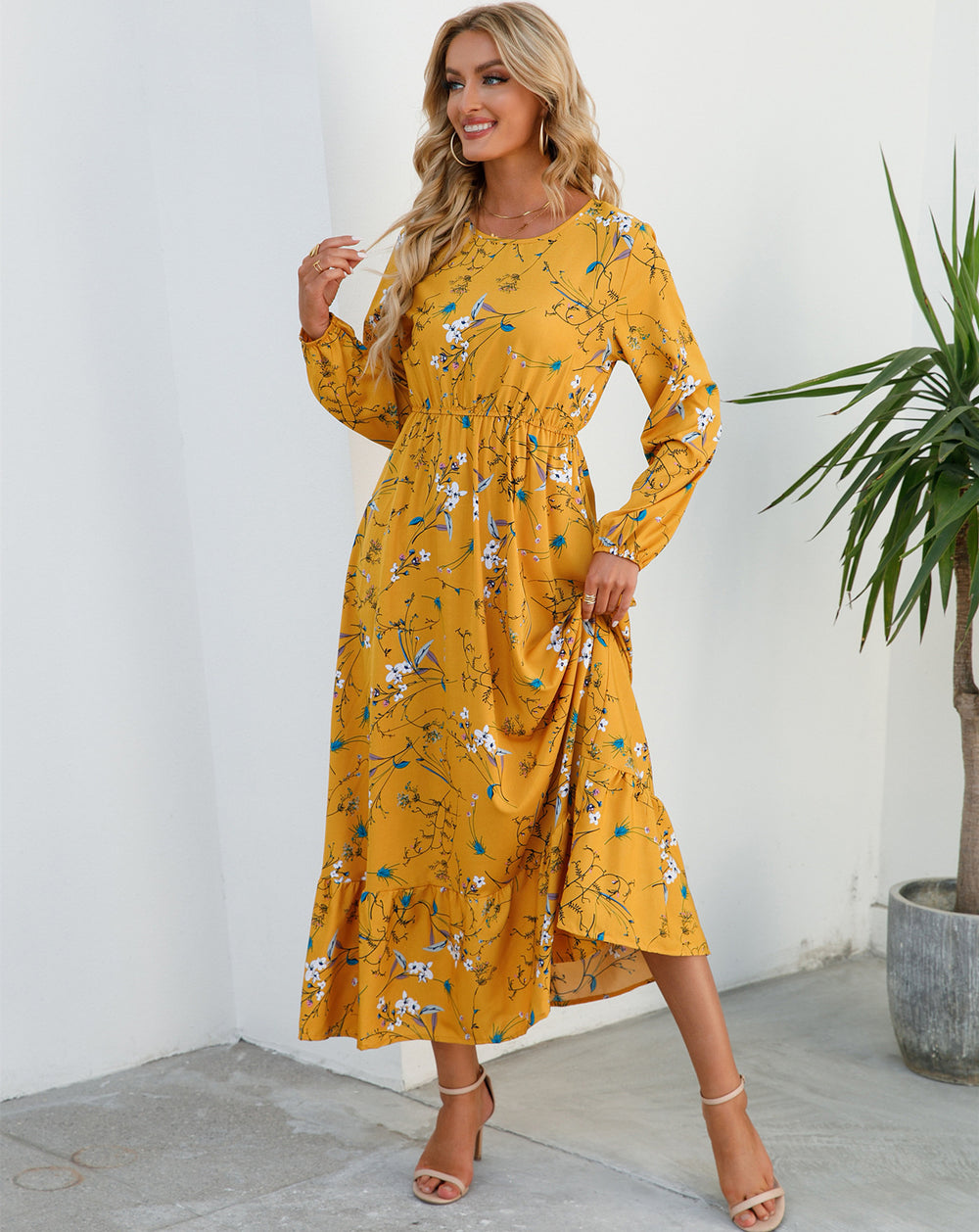 Shopee tk floral dress women's french round neck waist long light mature classysense slimming look cross-border early spring style