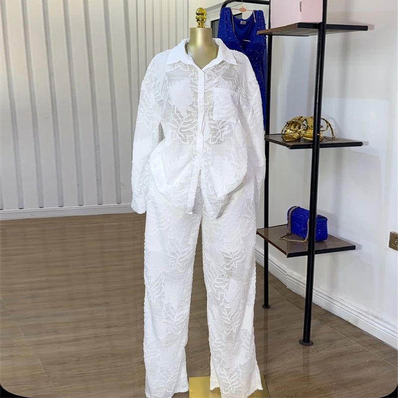 European and american style women's summer  new collection: sweet and fresh turn-down collar patch pocket long sleeve shirt and high-waisted straight-leg pants two-piece set