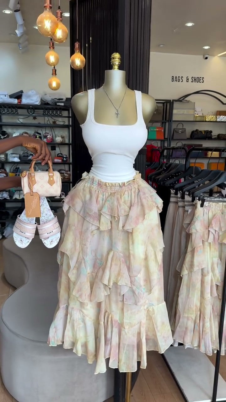 European and american cross-border women's fashion:  summer new arrivals - sweet & fresh high-waisted ruffle hem asymmetrical print midi skirt