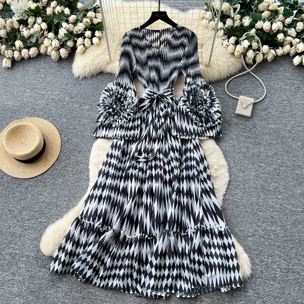 French printing women's long sleevesstereo flower v neck waist dress slimming look holiday style long skirtelegant