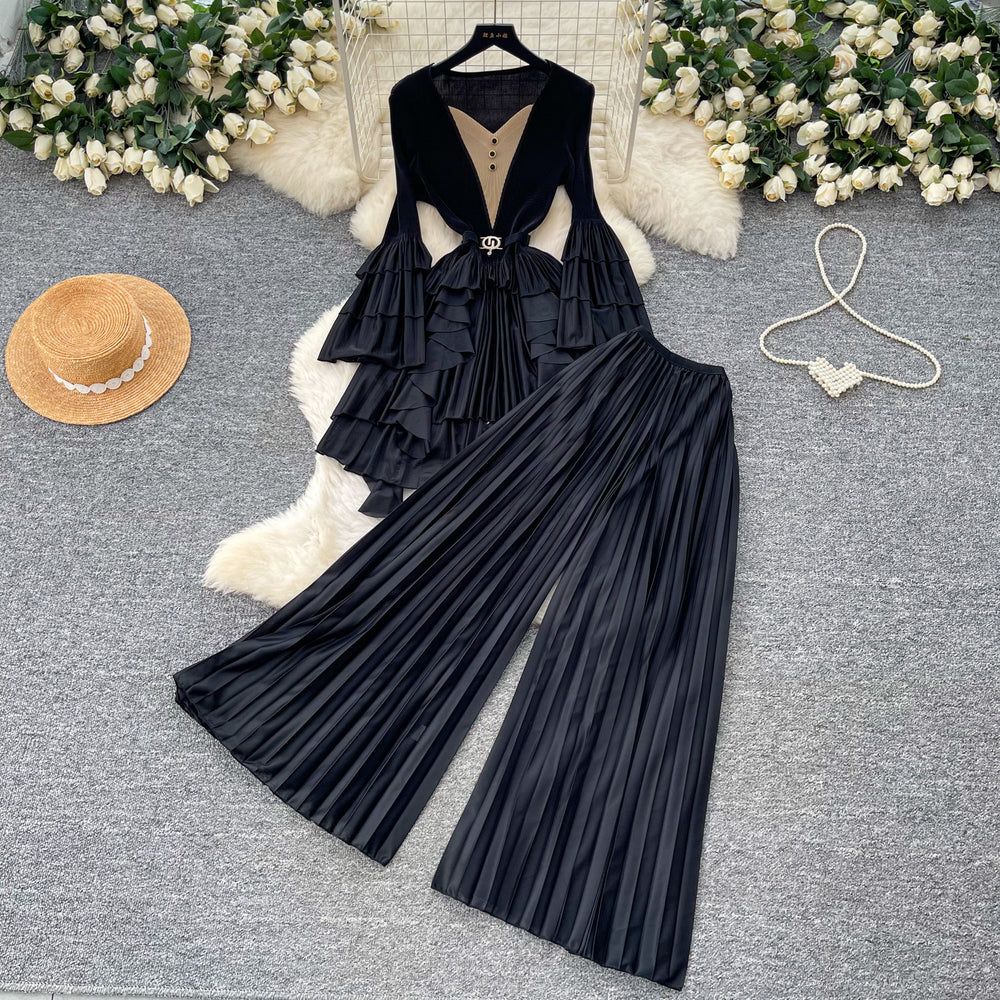 Classy sense of commuting style pleated pleated skirt three-quarter sleeve topshigh waistloose pants women's autumslimming looktwo-piece set
