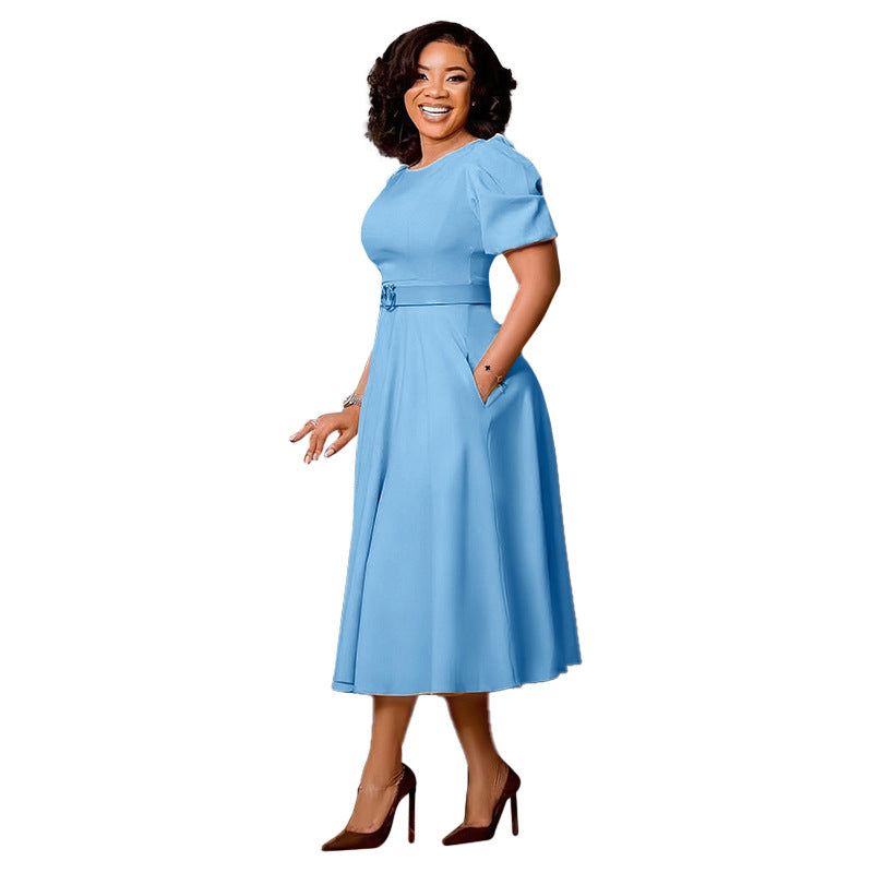 Q124export women's clothing  summer short sleeve round neck high waist large skirt mid longexportplus size african dress