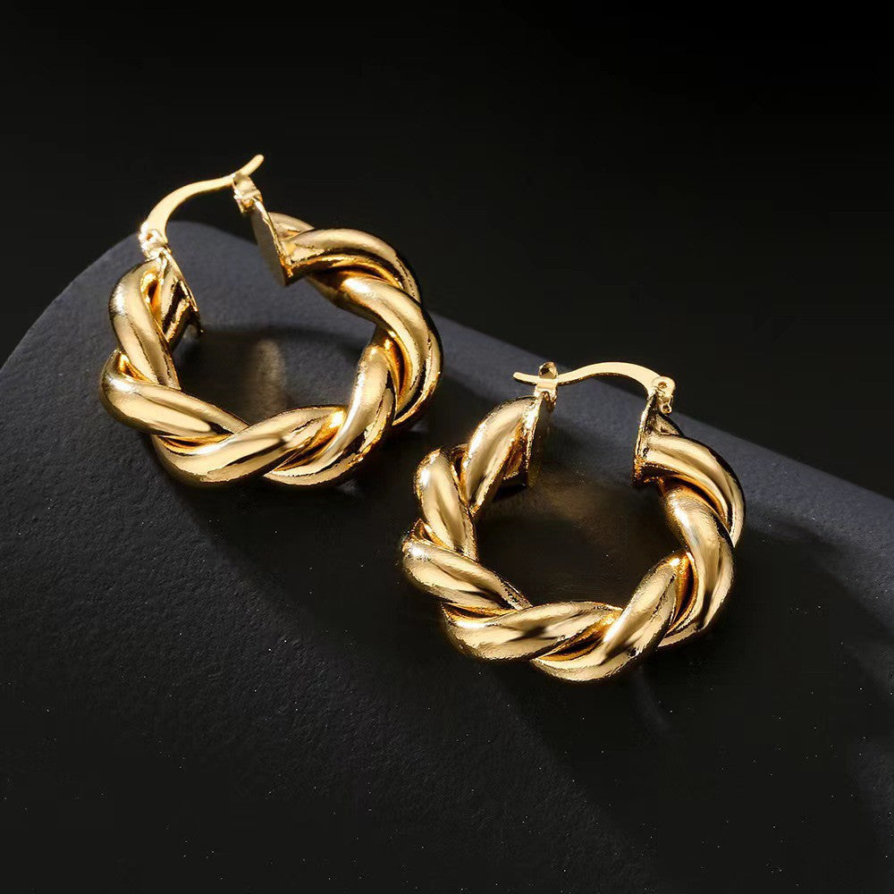 European and american style new twist rope circle minimalist titanium steel 18k gold plated niche geometric earrings for women wholesale