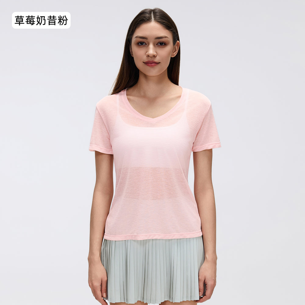 Summer v-neck bamboo slub lightweight breathable sports t-shirt women's running fitness short sleeve yoga top d26098