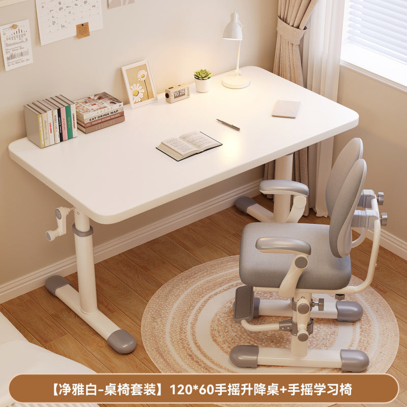Hand-crank adjustable desk, thickened study table, bedroom study room complete computer desk set, adjustable wooden children's desk and chair set