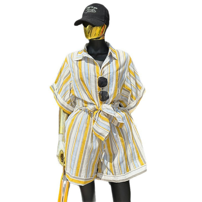 European and american style women's summer  new collection: sweet and fresh striped turn-down collar short-sleeve shirt and high-waisted straight-leg shorts two-piece set