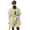 European and american style women's summer  new collection: sweet and fresh striped turn-down collar short-sleeve shirt and high-waisted straight-leg shorts two-piece set