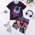 Girls' t-shirt and shorts set, featuring a trendy headphone graphic and letter print in a vibrant, european-inspired hip-hop style