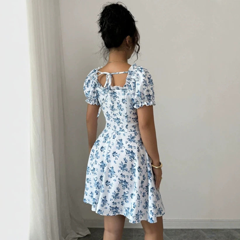 blue floral print dress - women's casual floral bubble sleeve tie-waist - wholesale