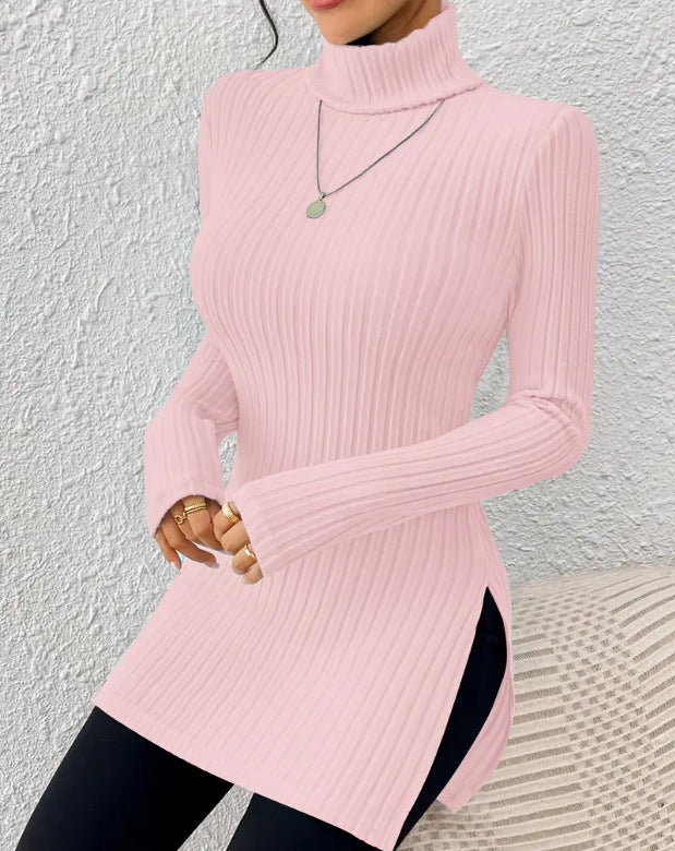 European and American  new women's turtleneck jumper, split-ended slim-fit bottoming shirt, pit striped medium and long top T-shirt