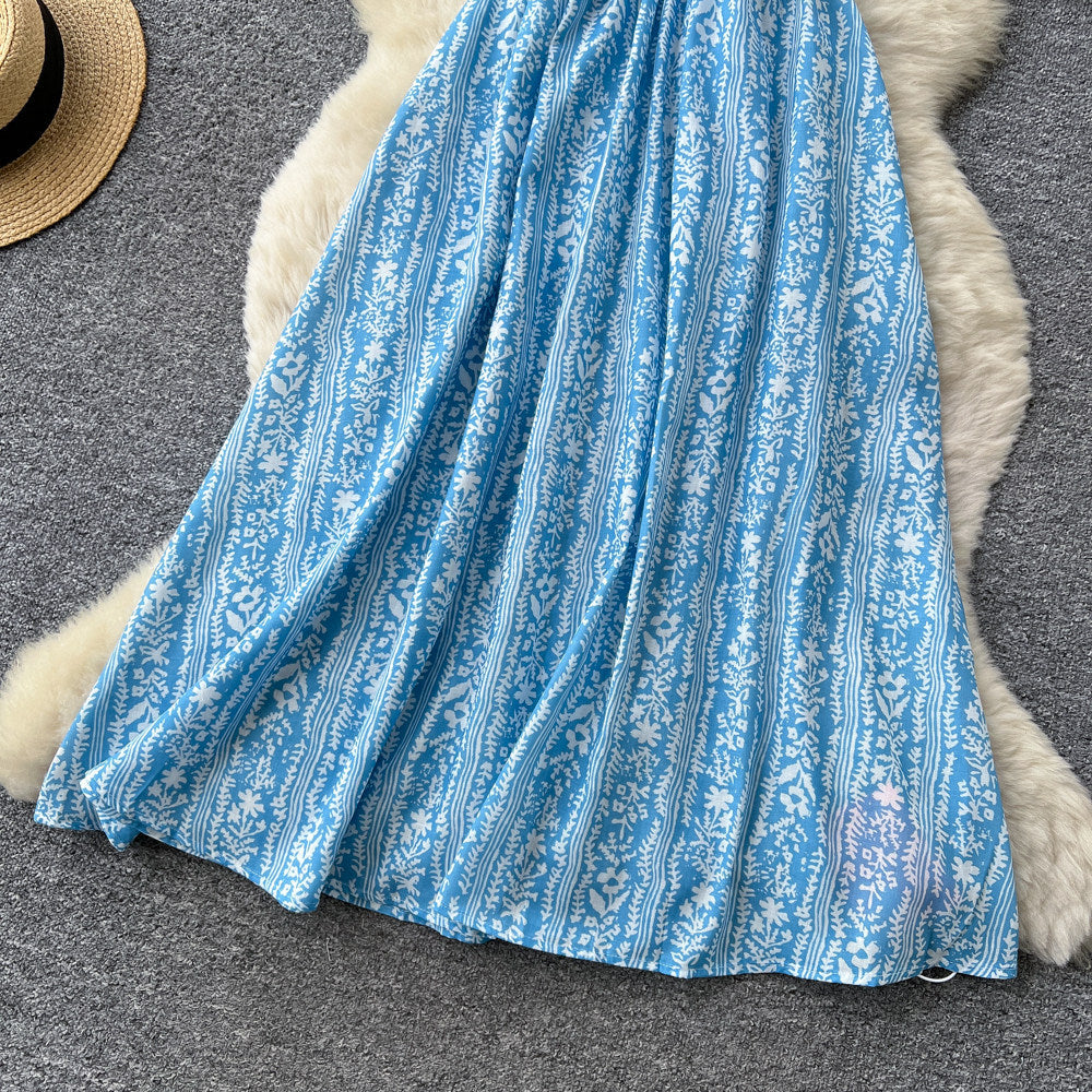 Frenchniche style blue printing suspender dress female summerk-style stereo flower large swingelegant princess dress fairy spirit
