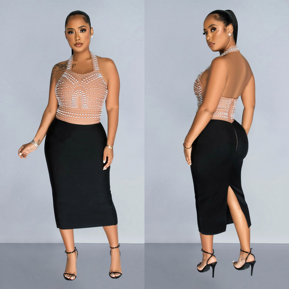 C6873 cross-border   fashion women's solid color mesh rhinestone halter maxi dress