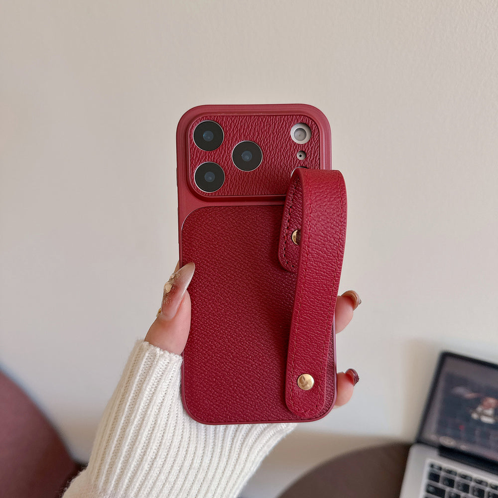 Suitable for apple 16promax to turn into 17 small v pattern plain leather wristband mobile phone case iphone17pro anti-fall case 14