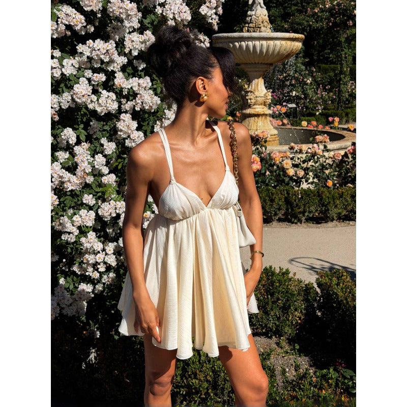 Ins european and american style women's clothing  summer new v-neck hollow-out backless beach vacation loose sundress