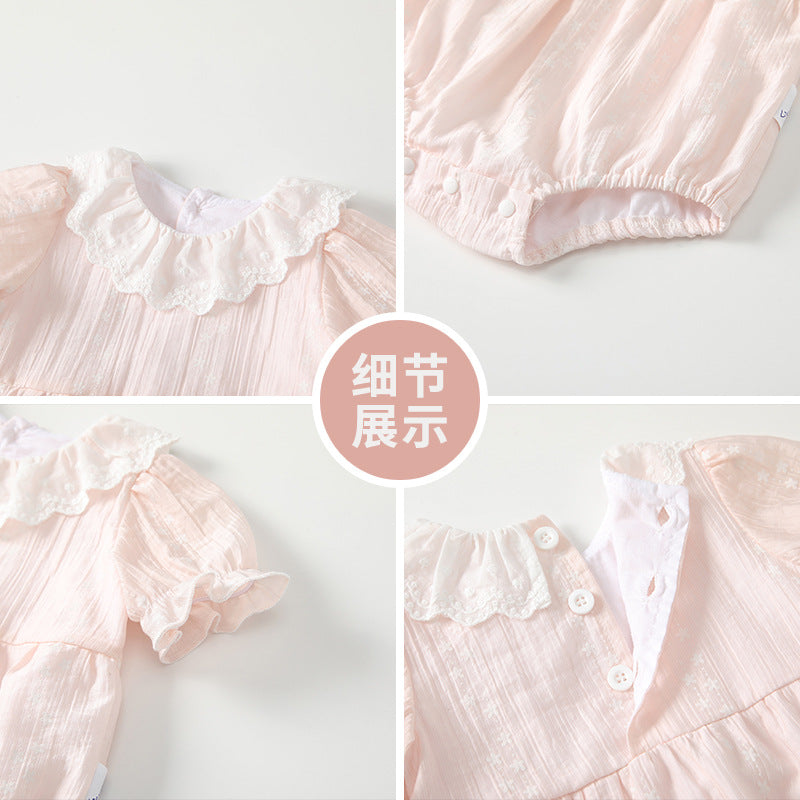 Forest style baby clothes summer thin newborn baby girl bag butt clothes summer lapel princess small monthly age khaki