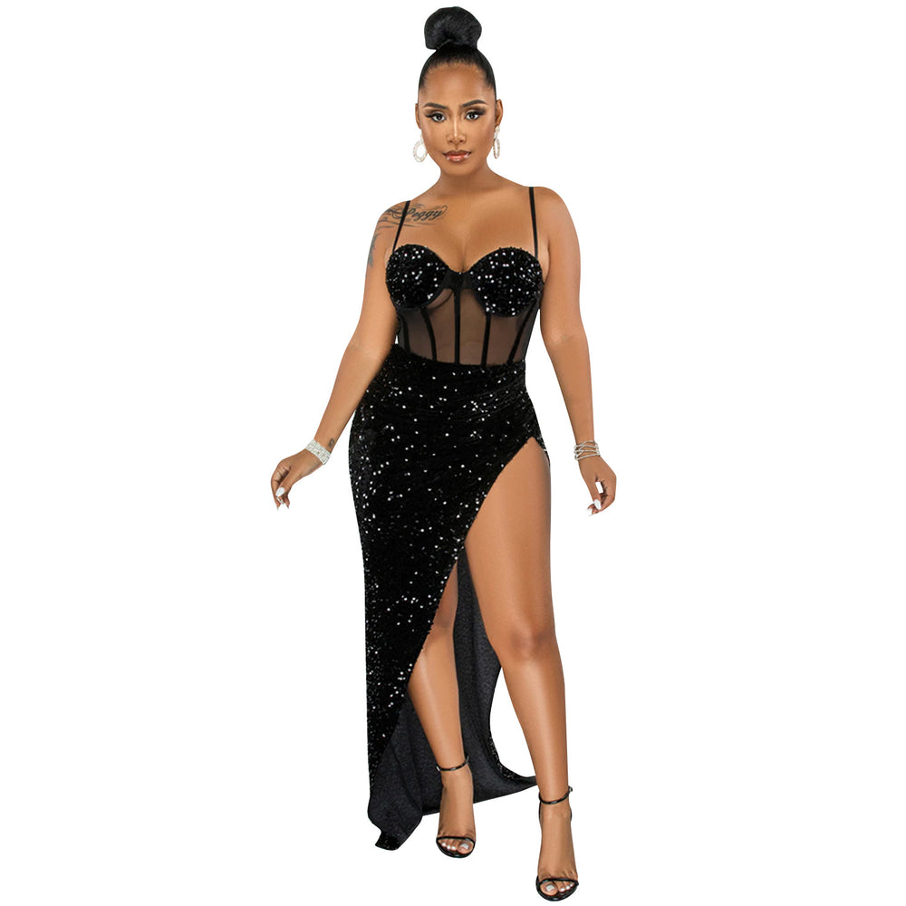 X5843   fashion fashion sling beads mesh see-through irregular slit dress for women