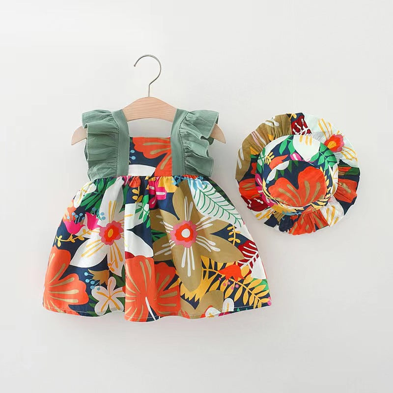summer new arrival: girls' korean style floral flutter sleeve dress - princess dress with flutter sleeve patchwork and matching soft hat