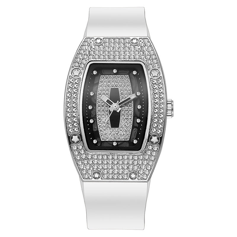 Whiskey barrel-shaped diamond-accented quartz watch - fashionable, trendy, and elegant women's silicone wristwatch - wholesale white