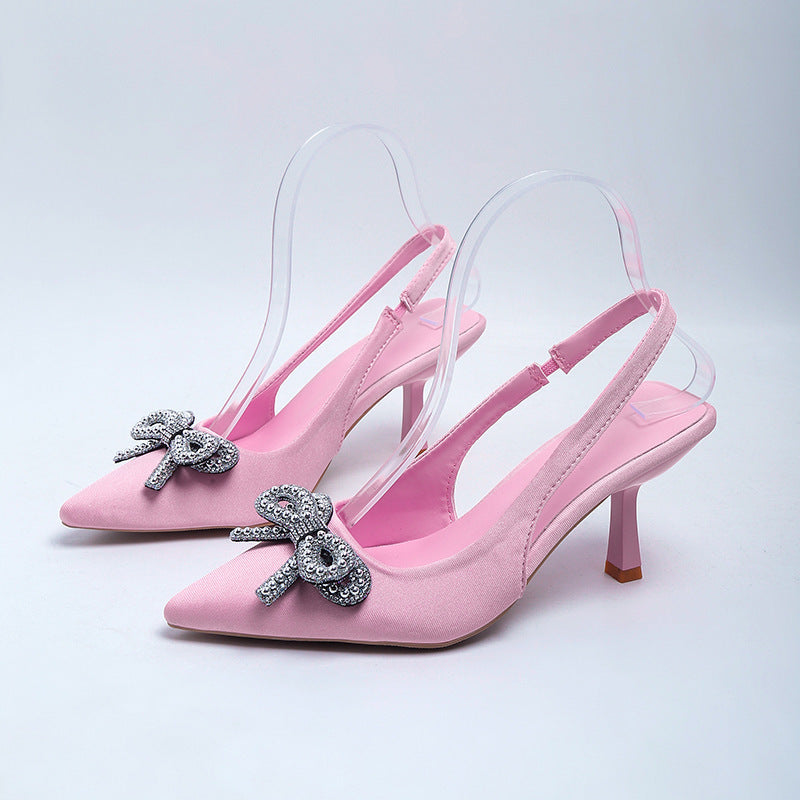 2026 new women's high heel sandals - pointed toe, ankle strap with bow, rhinestone chain detail, stiletto heel, low-cut pumps