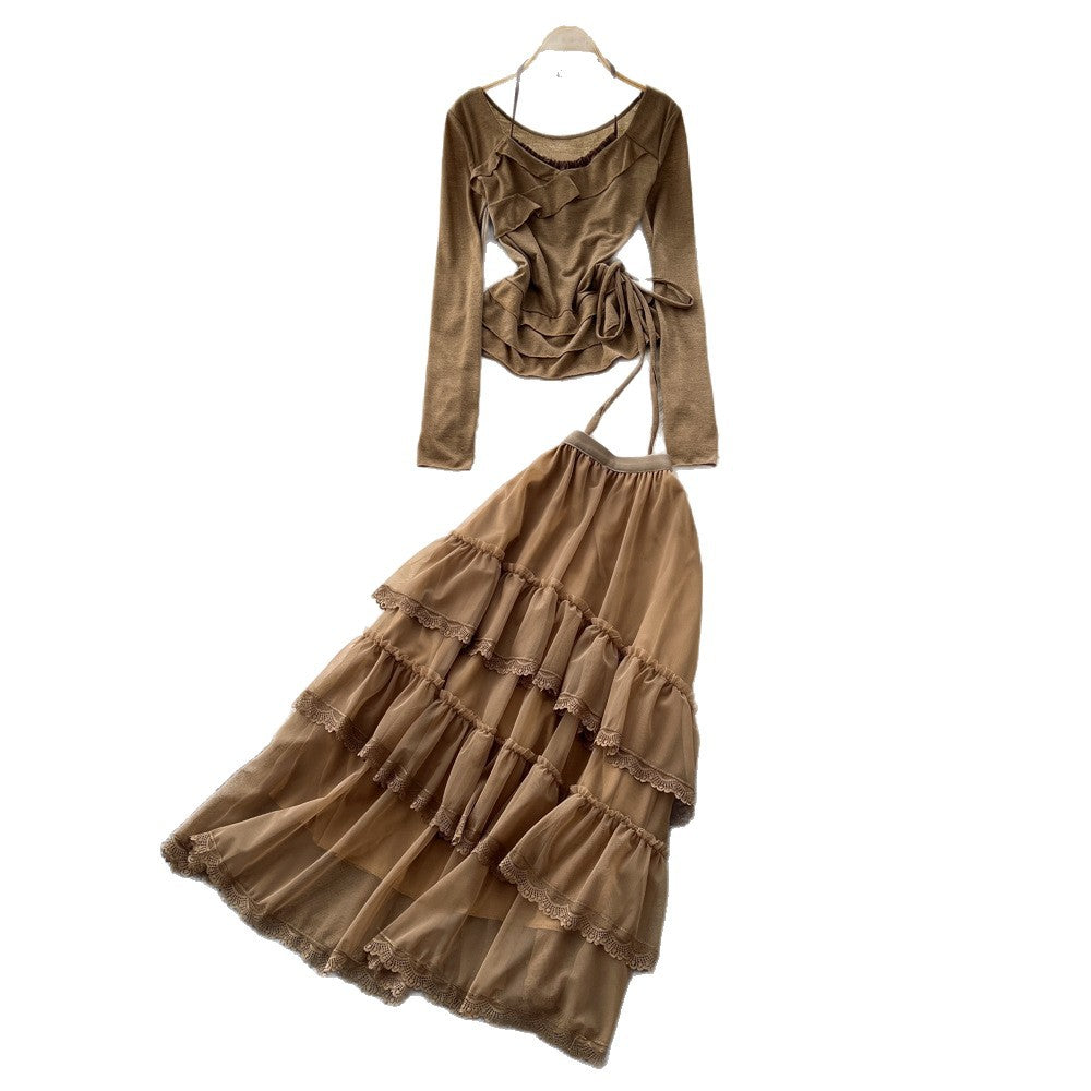 Commuting style ruffleshalter mesh two-piece set female autumslimslimming lookhigh waistsuitautum wear