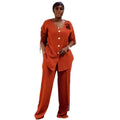 European and american style women's clothing  autumn new collection: sweet and fresh v-neck single-breasted short-sleeve shirt and high-waisted straight-leg pants two-piece set