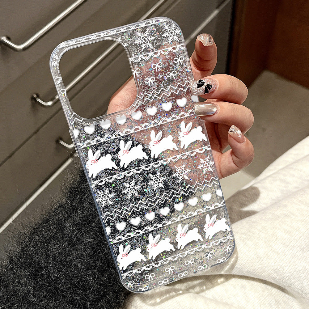 Suitable for iphone16promax silver lace bunny mobile phone case apple 17 all-inclusive anti-fall glitter glue case
