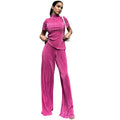 Amazon women's  spring new solid color double-layer pleated slim-fit casual short-sleeve two-piece activewear set