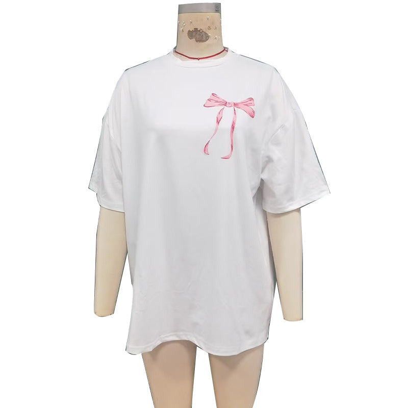 Cross-border European and American women's clothing bow loose T-shirt 2025 summer round neck polyester short sleeve  ins top pullover