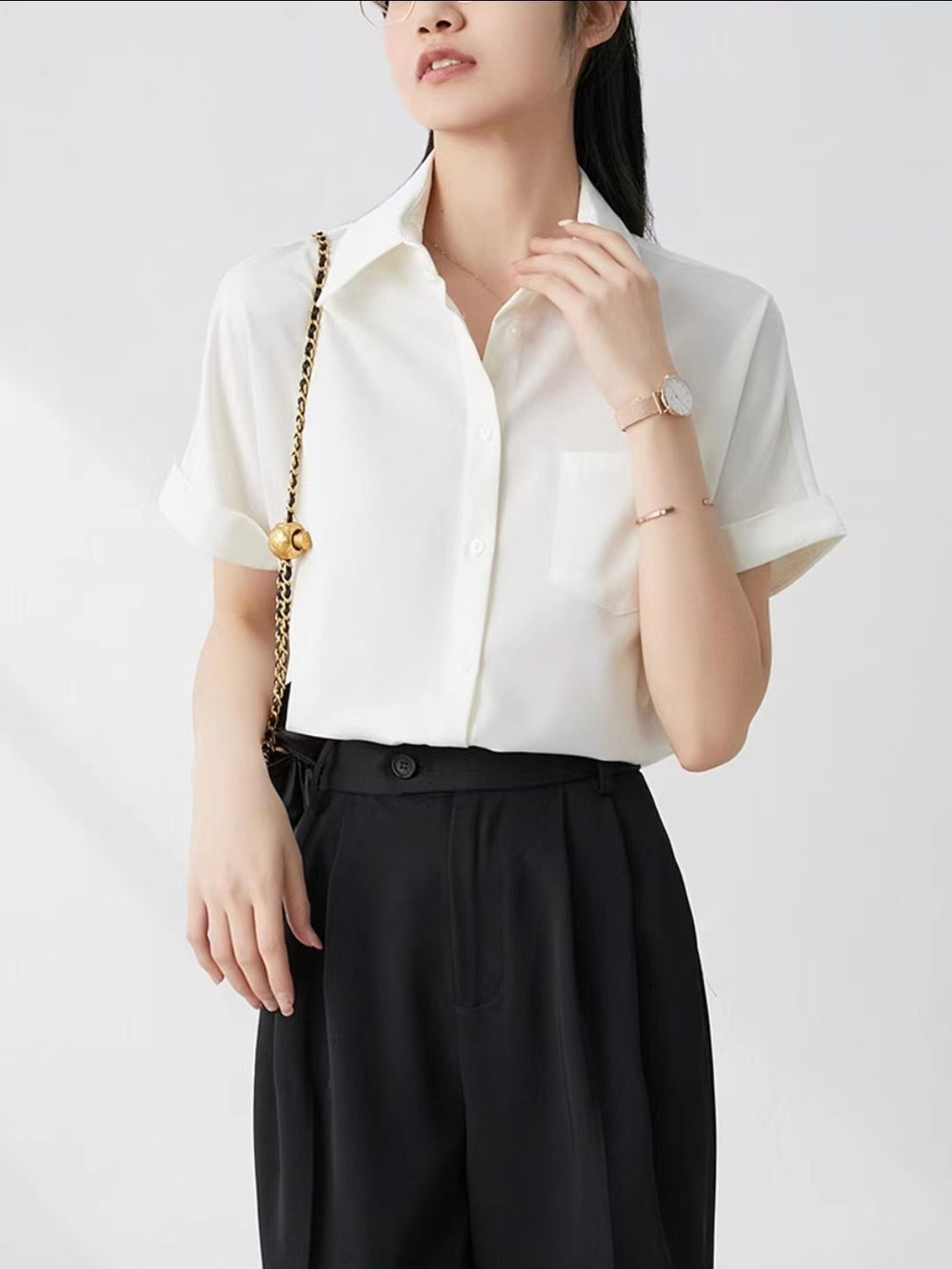 summer new arrival: casual satin short-sleeve blouse - korean style, professional white collar, commute & interview shirt - in stock