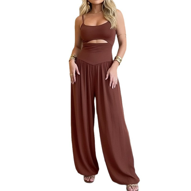cross-border e-commerce women's clothing: new summer set - casual, loose-fit solid color camisole top and wide-leg pants two-piece outfit