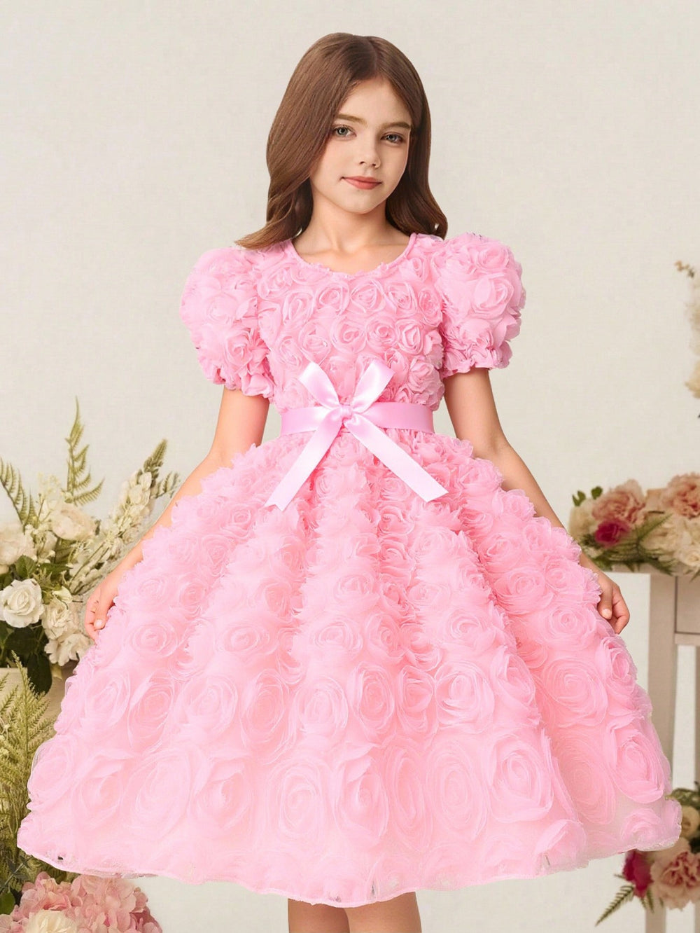 Girls' dress (sizes for mid-to-large children), 3d rose embellished dress + bow belt
