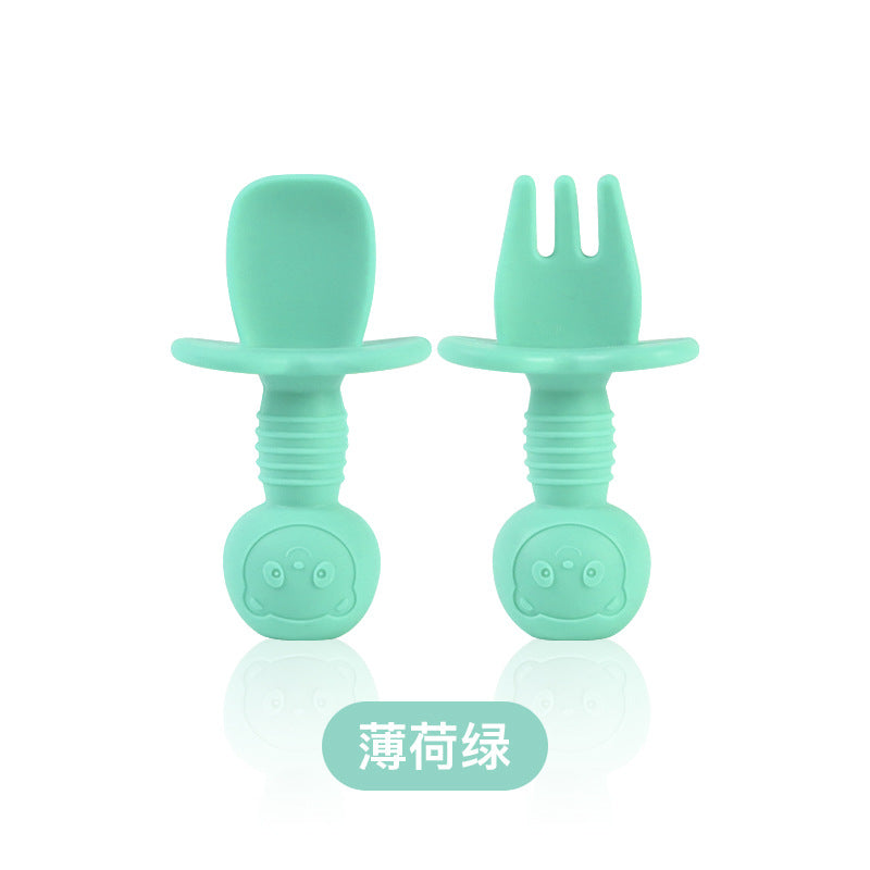 Food grade silicone fork and spoon baby learning to eat training licking spoon short handle silicone complementary food spoon mini baby soft spoon
