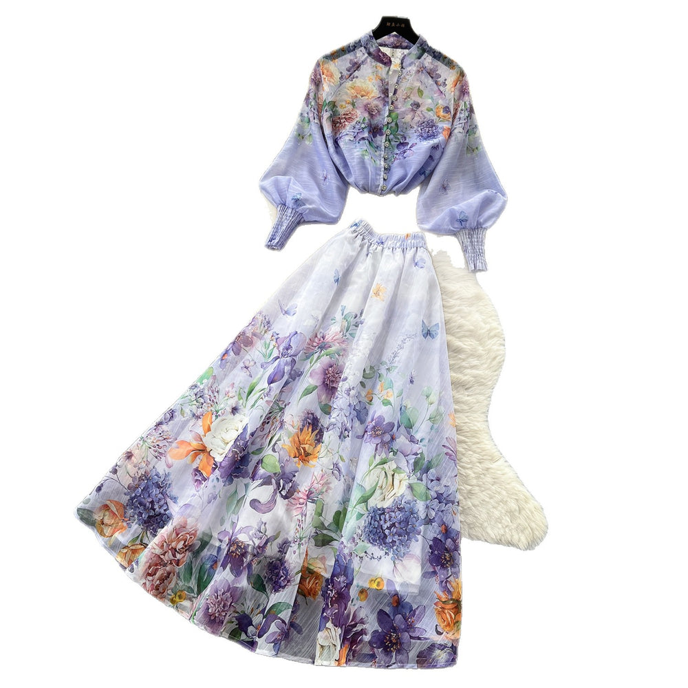 French romantic floral print lantern sleeve blouse and high-waisted midi skirt two-piece set - autumn chic, socialite style