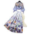 French romantic floral print lantern sleeve blouse and high-waisted midi skirt two-piece set - autumn chic, socialite style