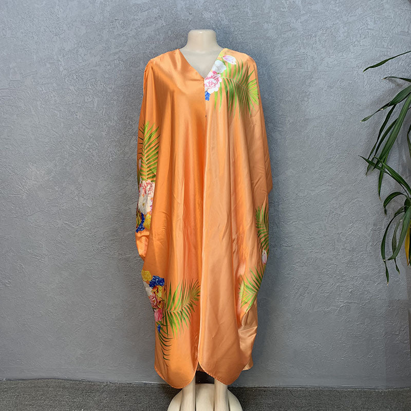 Faux silk printed loose fit plus size women's african style batwing sleeve maxi dress