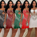 C6753 cross-border   fashion women's solid color mesh rhinestone camisole mini dress